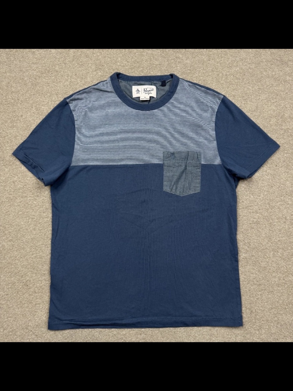 Penguin Mens Shirt Size M Blue Short Sleeve Crew Neck Slim Fit Casual Adults